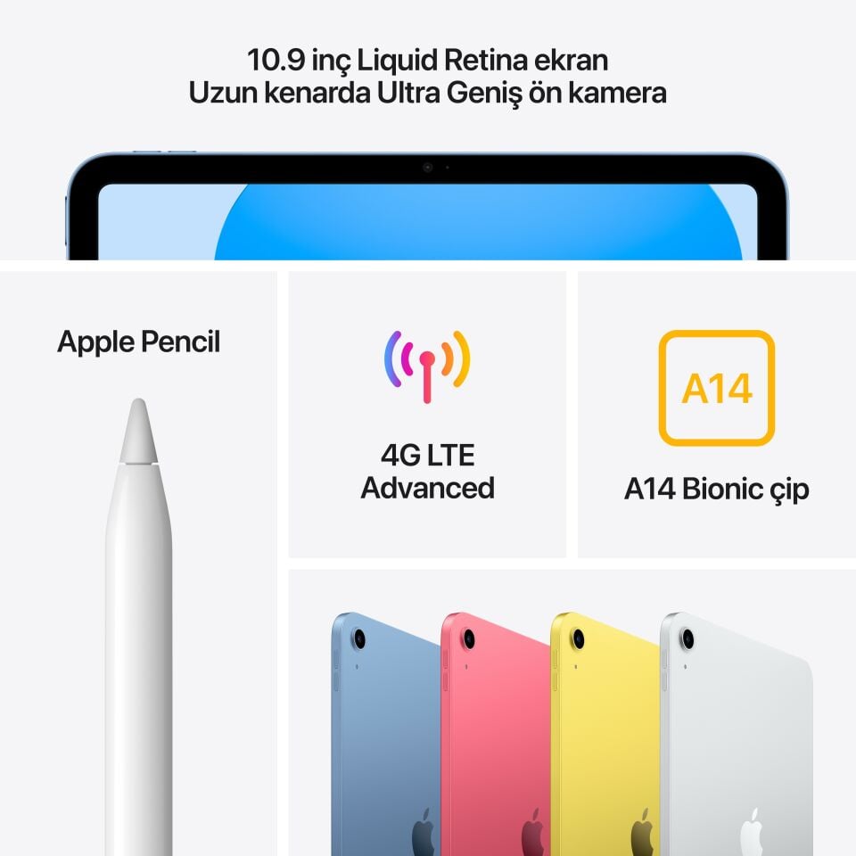 iPad 10. Nesil 10.9 inç Wi-Fi + Cellular 256GB Mavi (MQ6U3TU/A)