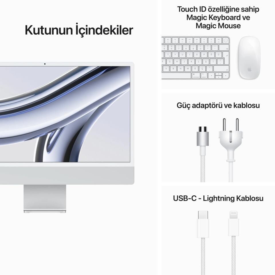 iMac 24 inç 4.5K M3 8C CPU 10C GPU 8GB RAM 512GB SSD Gümüş (MQRK3TU/A)