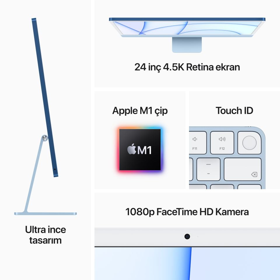 iMac 24 inç 4.5K M1 8C 8GB RAM 256GB SSD Mavi (MGPK3TU/A)